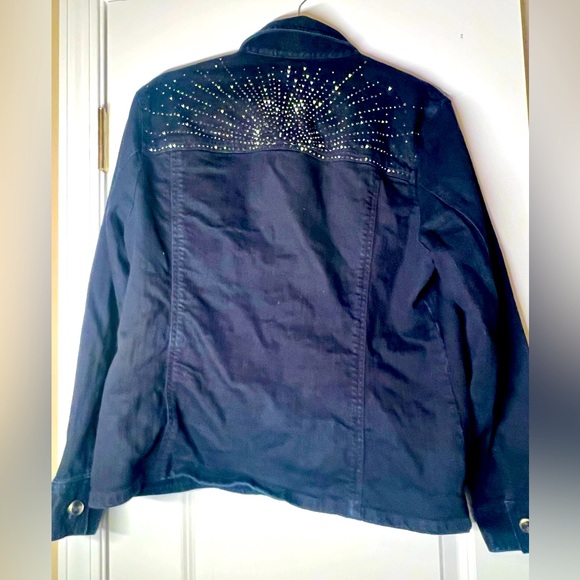 Chicos platinum stretch denim jacket with rhinestone detail on shoulders - Picture 1 of 4
